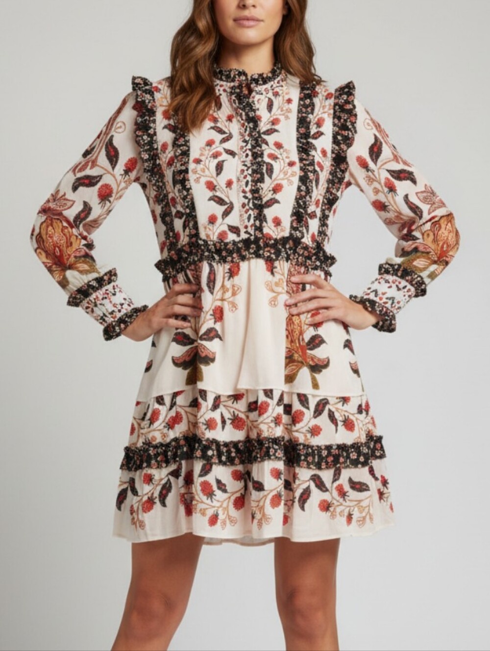 FARM Rio NWT Berry Garden Floral Mini Dress Ruffle Tiered Boho Statement Dress - Picture 3 of 14